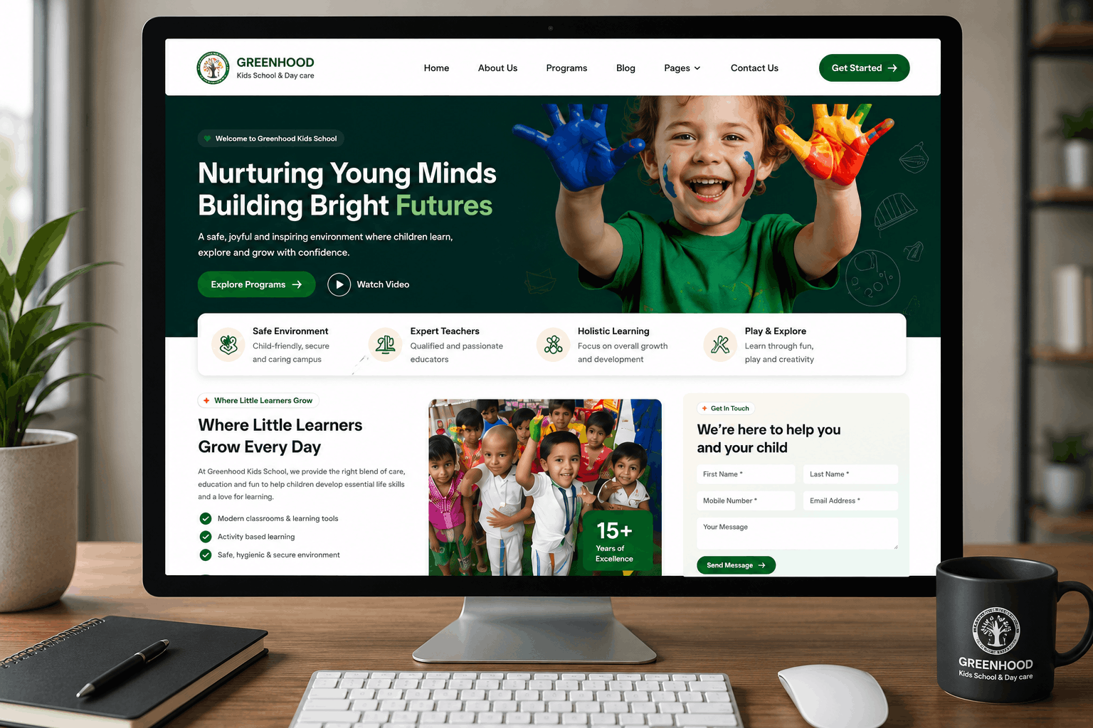 Greenhood Kids School home page - hero banner with admissions CTA and school introduction section